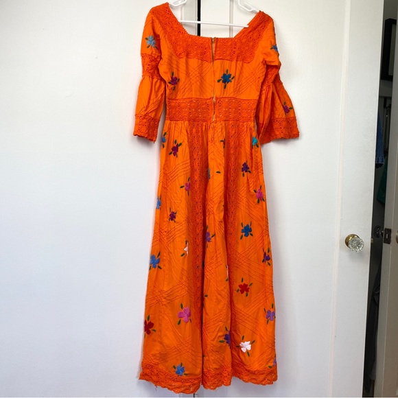 Vintage Boho Embroidered Floral Orange Maxi Dress Bell Sleeves Small - Picture 5 of 16
